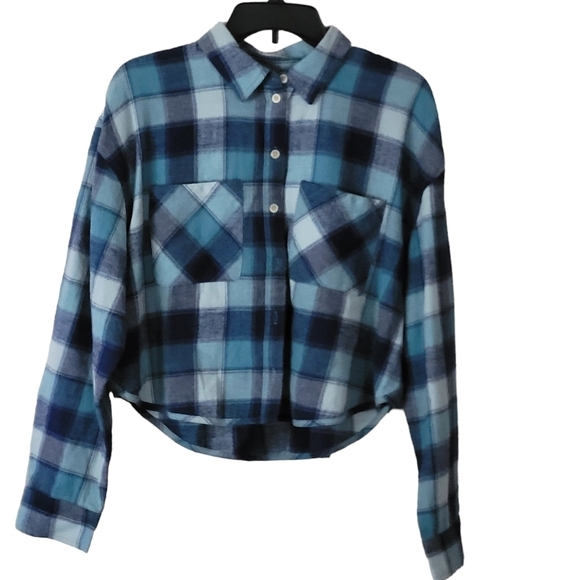 BP. Crop Flannel Button-Up Shirt in Blue Lucie Plaid NWOT - Picture 2 of 9
